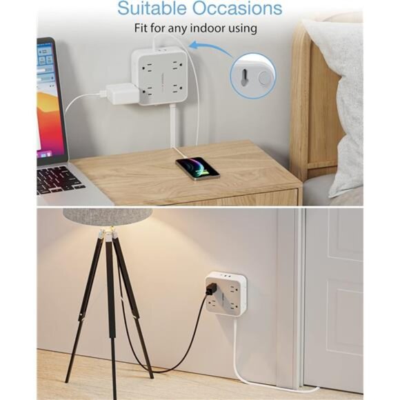 Surge Protector Flat Extension Cord Flat Plug Power Strip, 8 AC Outlets, 3 USB - Picture 6 of 7